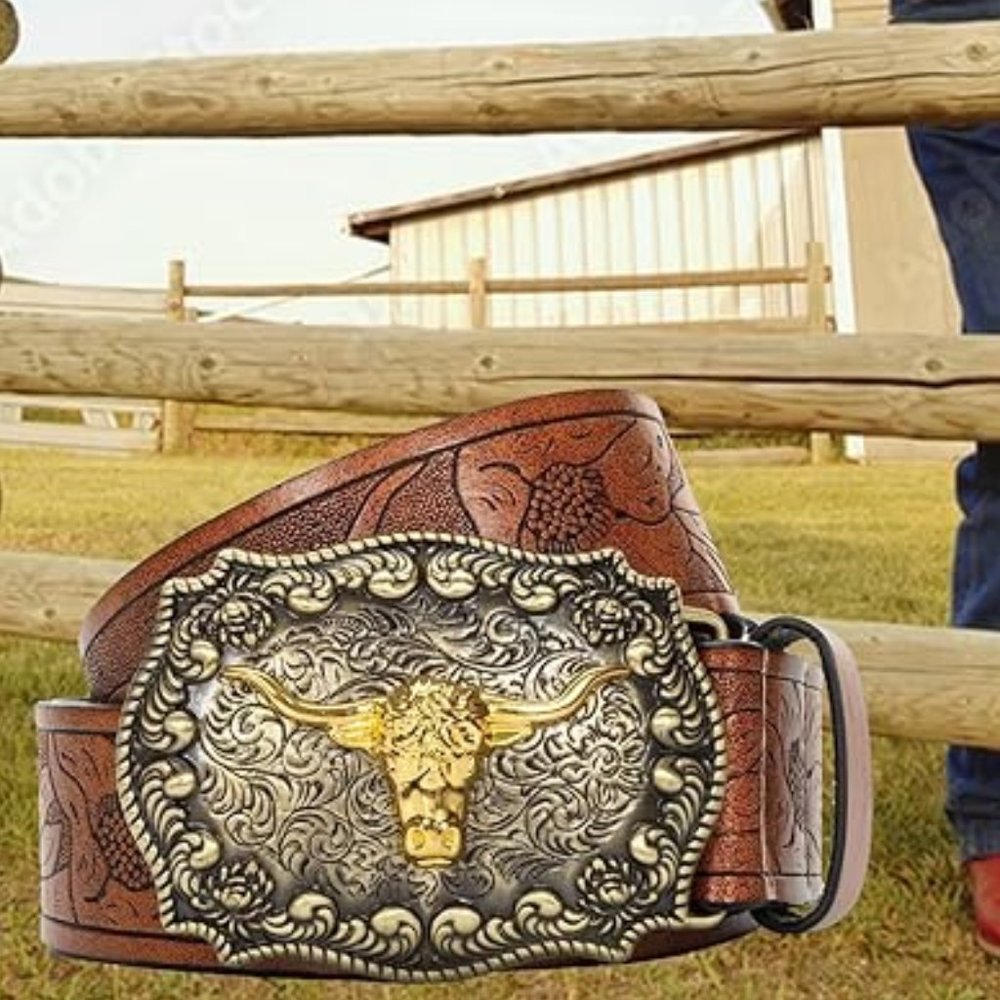 Rodeo cowboy belt metal buckle western jean belt - Picture 5 of 7